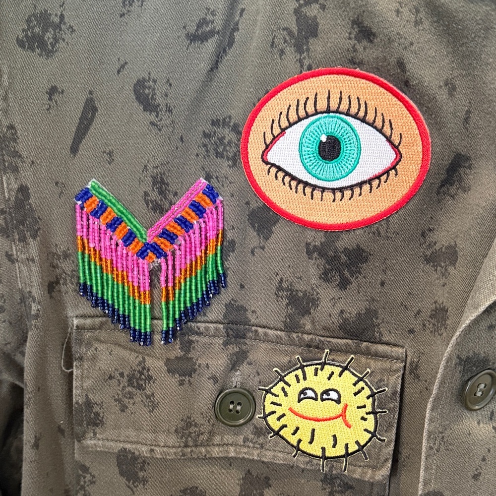 LIBERTINE Olive Green Patchwork Jacket with Colorful Embroidered Patches - Picture 6 of 8
